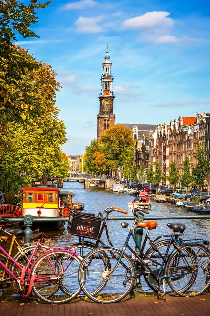 Western church and Prinsengracht canal in Amsterdam