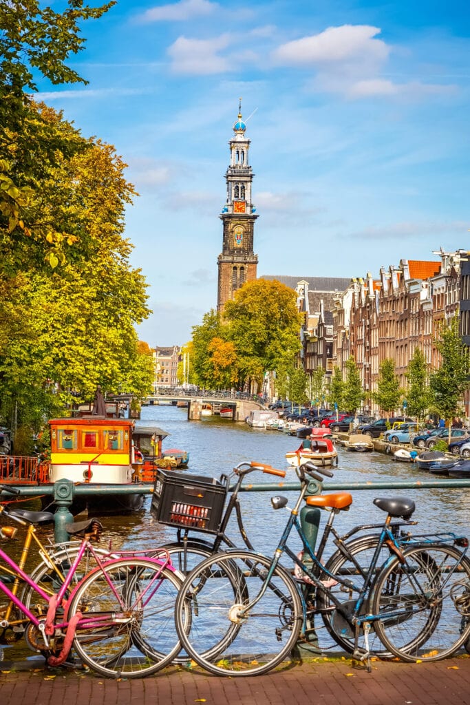 Western church and Prinsengracht canal in Amsterdam