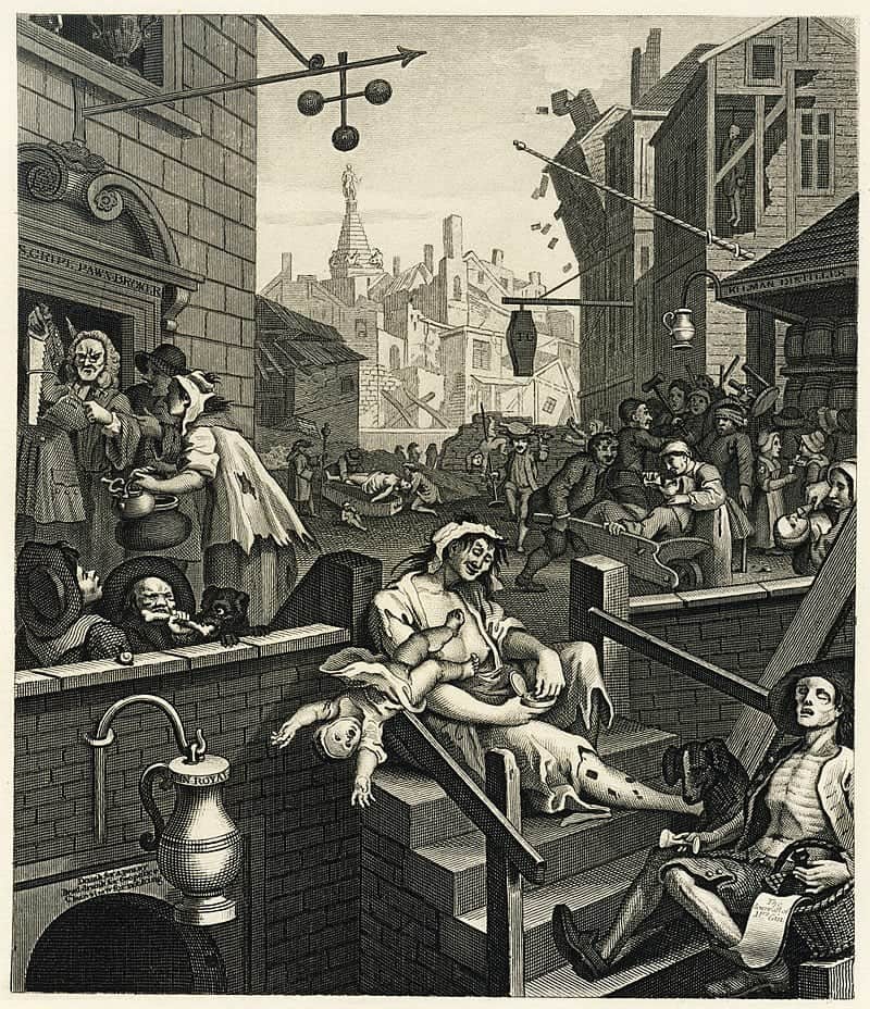 History of Gin an etching of people in old London suffering from hangovers from mother's ruin