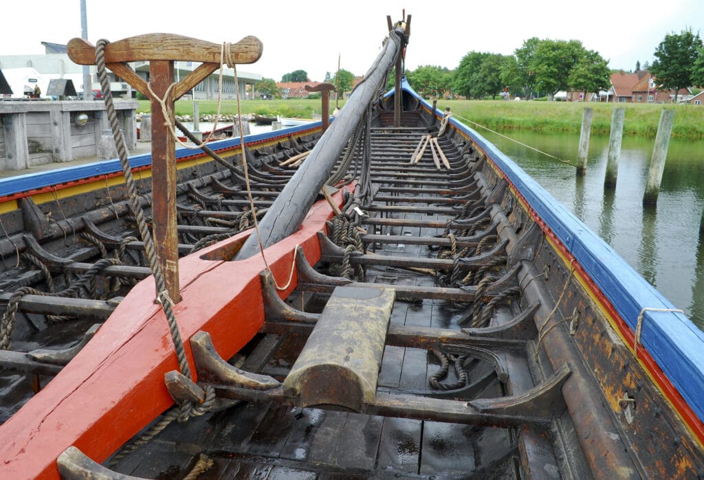 Replica of a viking ship which has been rebuilt after original ships found in the seas around Scandinavia