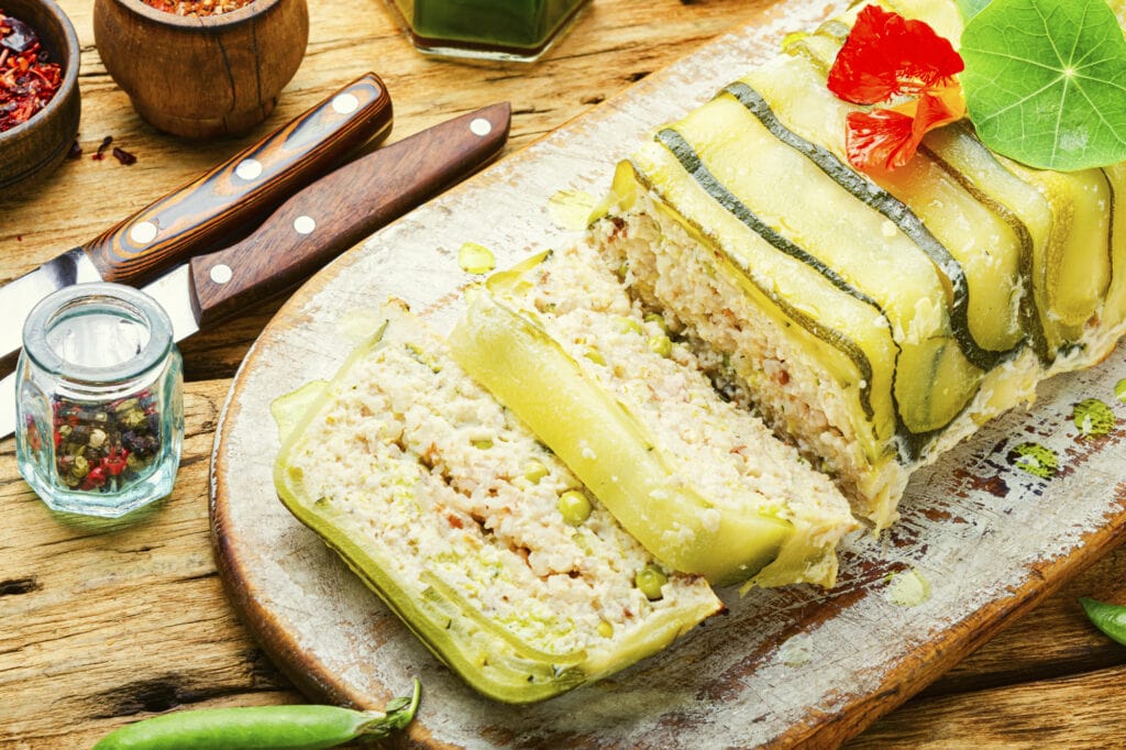 Delicious homemade chicken and zucchini meat terrine.French cuisine