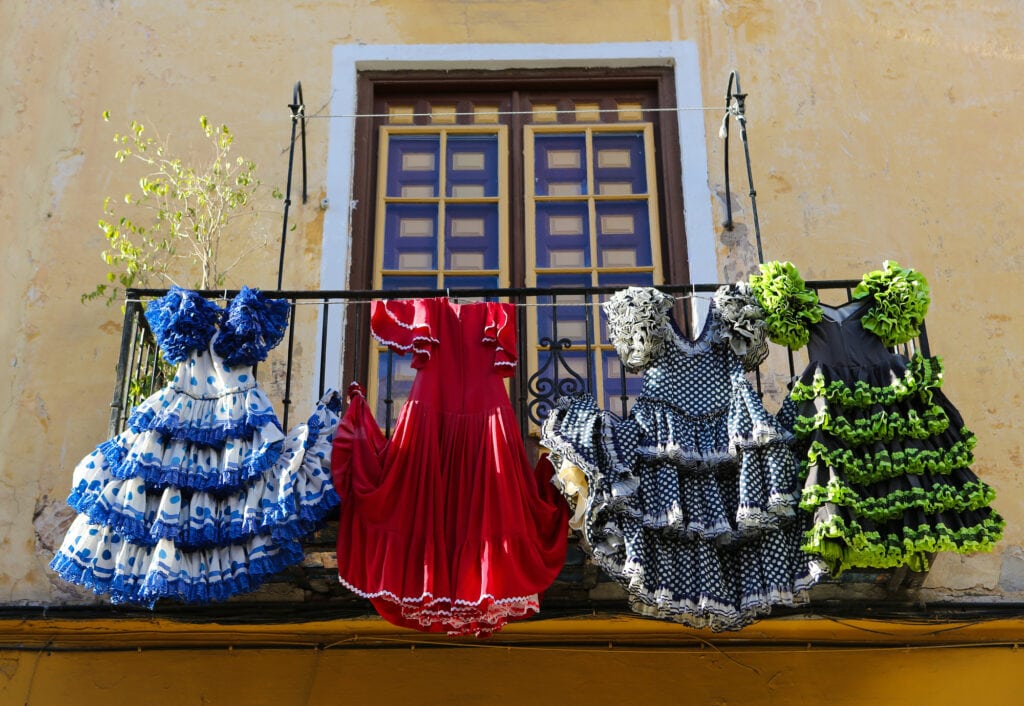 Traditional flamenco dresses at a house in Malaga, Andalusia, Spain.