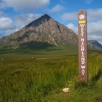 Buachaille Etive Mor and West Highland Way sign in Scotland