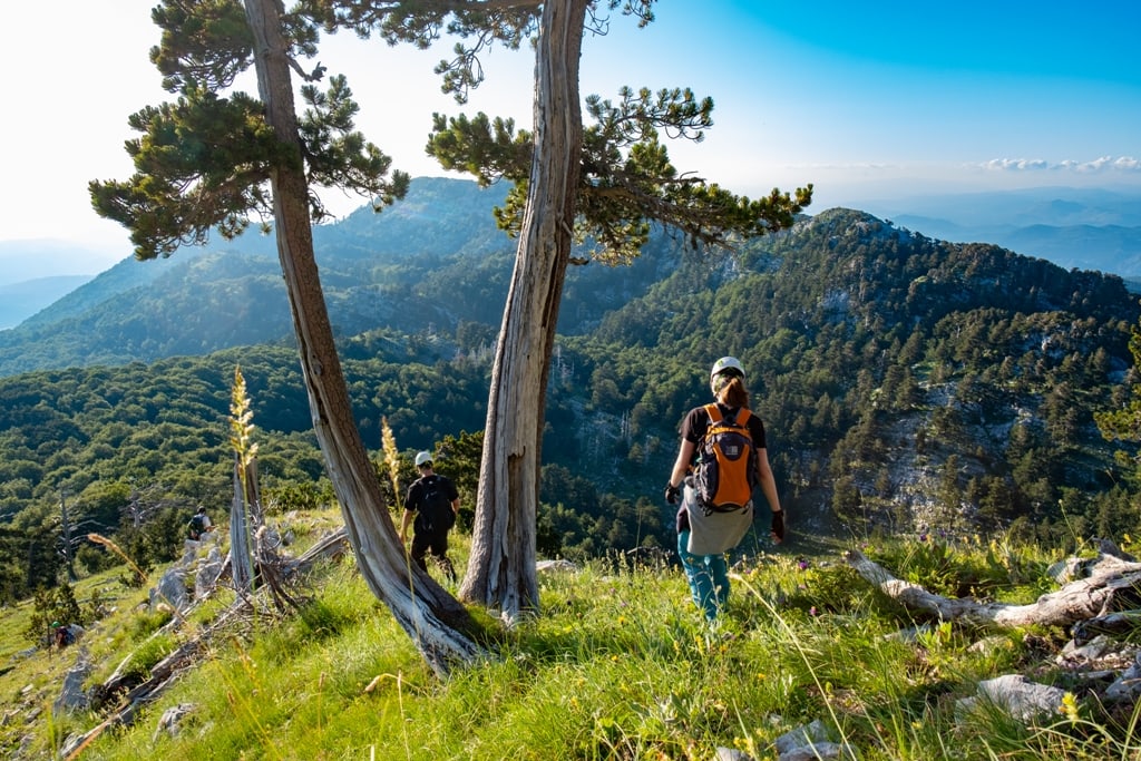 Trebinje, Bosnia and Herzegovina-07.05.2018: Hiking at Jastrebica area, Orjen Mountain,- Via Dinarica Blue Trail, Balkans, Europe