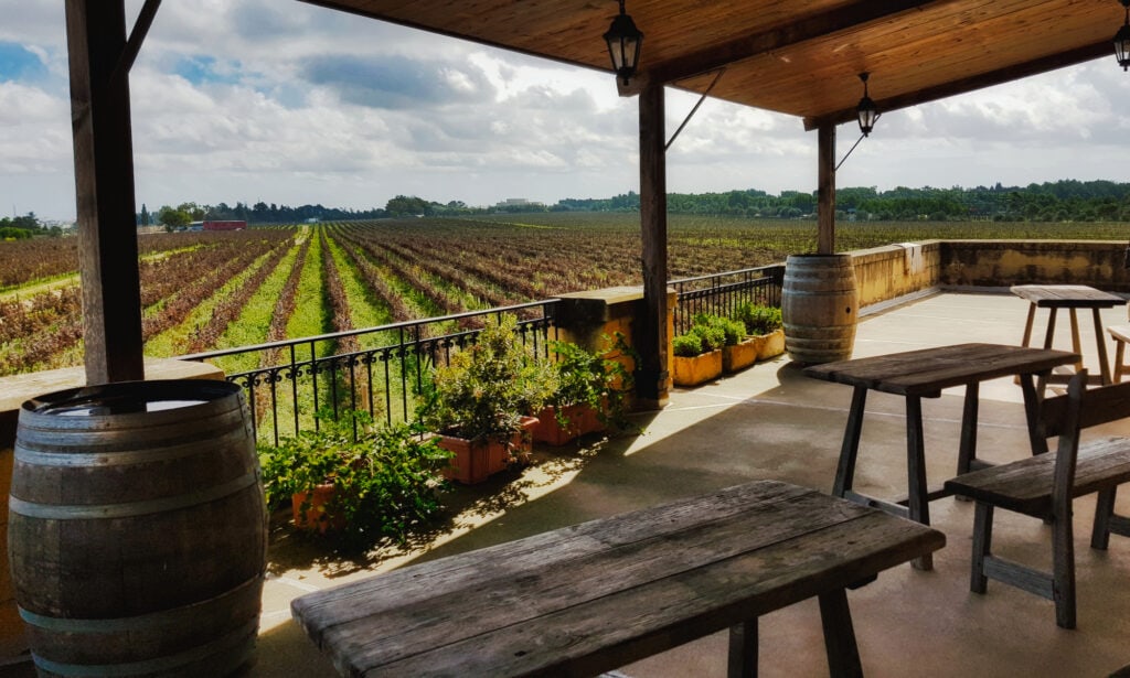 A view of rows of vines in a vineyard from a villa balcony with wooden tables and chairs