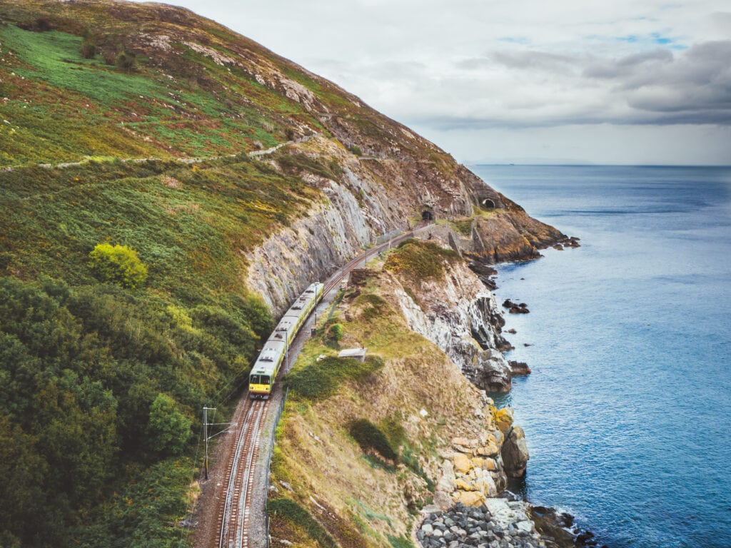 Dublin to Bray train running along the coastline of Ireland - travelling Ireland without a car