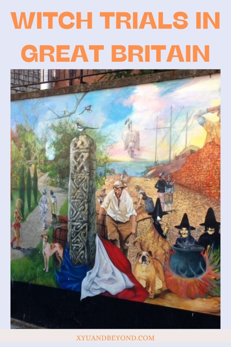 A colorful mural depicting a historical scene related to witch trials in England, featuring various characters and a standing stone.