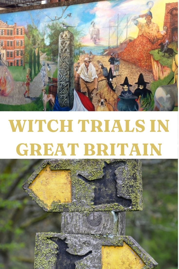 A colorful mural depicting scenes from the Witch Trials in England above a sign with the title "Witch Trials in England.
