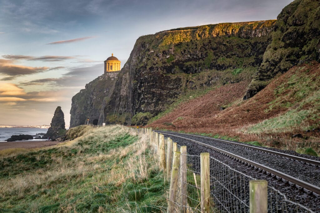 This is a picture of the railtracks that run along the Antrim Coast.  In the distance you can see Mussenden Temple on the edge of the cliff