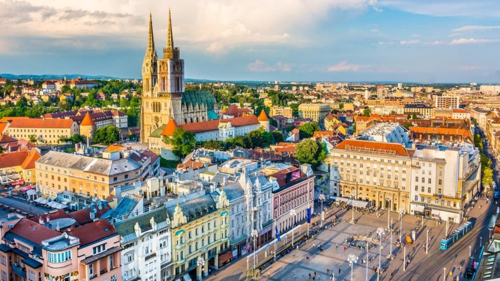 Croatia itinerary a view of the city of Zagreb with its stunning chapel rising high above the terracotta roofs