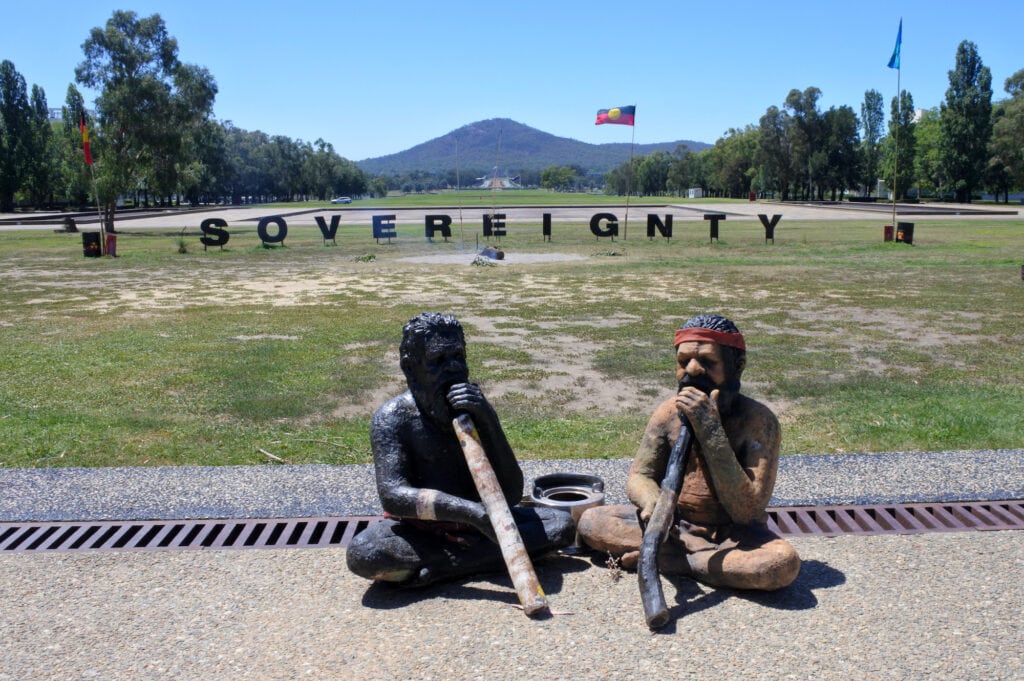 NBERRA - FEB 22 2019:Sovereignty sign at the Aboriginal Tent Embassy in Canberra Parliamentary Zone Australia Capital Territory. It represent the political rights of Aboriginal Australians.