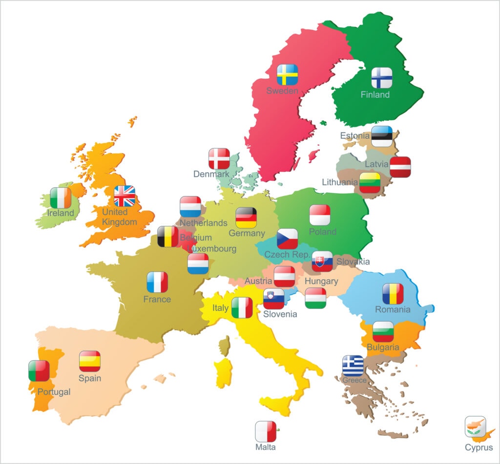 EU passport, a map of the EU nations and their flags