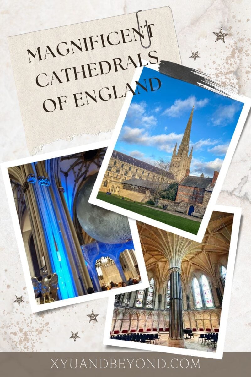 A collage showcasing the interiors and exterior of iconic cathedrals in England with the title "Magnificent Cathedrals of England".