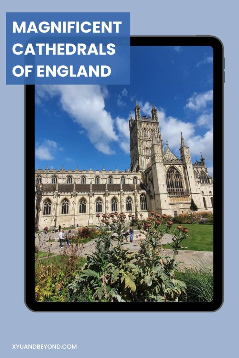 Tablet displaying an article titled "magnificent cathedrals in England" with an image of a gothic cathedral.