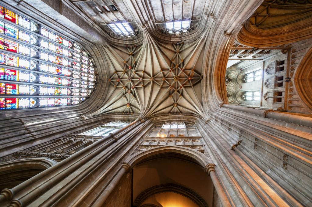 Canterbury Cathedral, founded 597 A.D., is the headquarters of the Church of England and Anglican Communion, incorporating Gothic and Romanesque elements