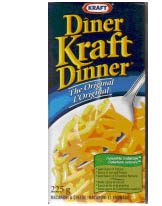 A box of Kraft Dinner it is a blue box with a photo of the mac n cheese made by using the ingredients in the box