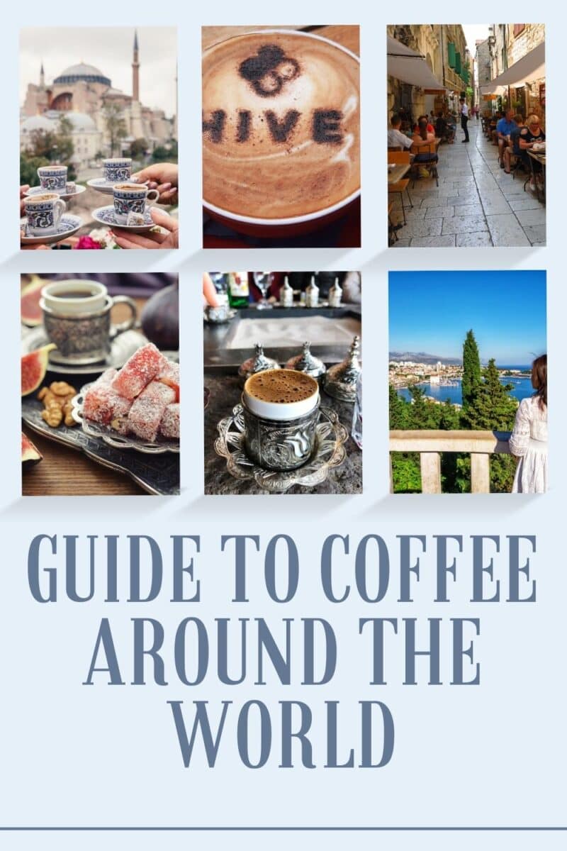 A collage featuring various coffee scenarios in different locations with the title "Coffee Around the World Guide.