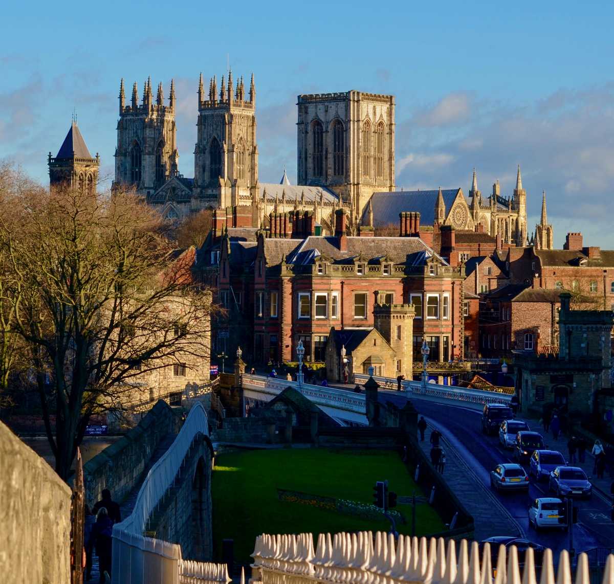 York evening cityscape view from the street with York Minster in the background.