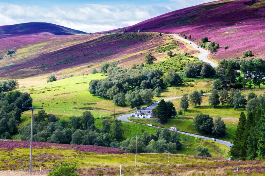 Picturesque road in Scottish Highlands, Cairngorms National Park near Lecht Ski Resort, Scotland, United Kingdom, Europe