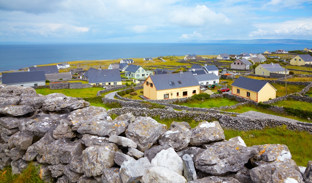 Panoramic landscape of Inisheer Island, part of Aran Islands, Ireland.