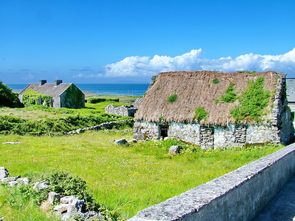 A ruined thatched cottage on Inis Mor Island. The cottage sits beside another and has a stone wall surrounding it with moss growing on the roof