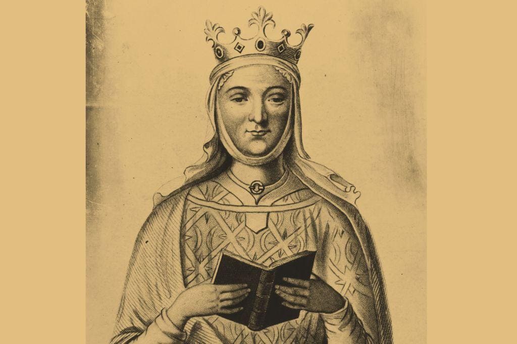 An old black and white drawing of a woman holding a book at Fontevraud Abbey.