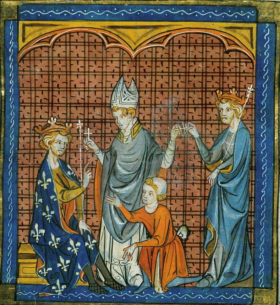 A captivating medieval manuscript depicting the regal couple of a king and queen, possibly from Fontevraud Royal Abbey.