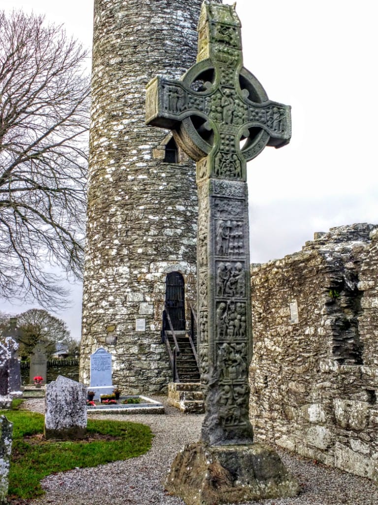 Monasterboice high crosses and Norman Tower at the Monasterboice cemetery in Ireland just outside Dublin
