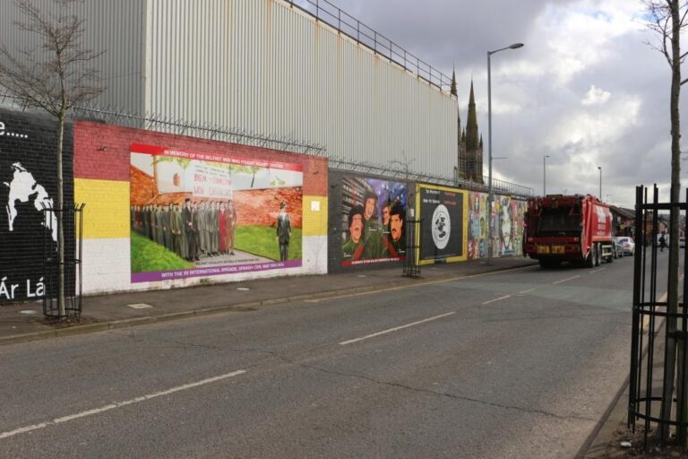 BELFAST, NORTHERN IRELAND - FEB 22 2018: Political mural in Belfast, Northern Ireland. Falls Road is famous for its political murals. the political murals are done by the catholics and christains who have long standing conflict dating back to the good friday agreements.