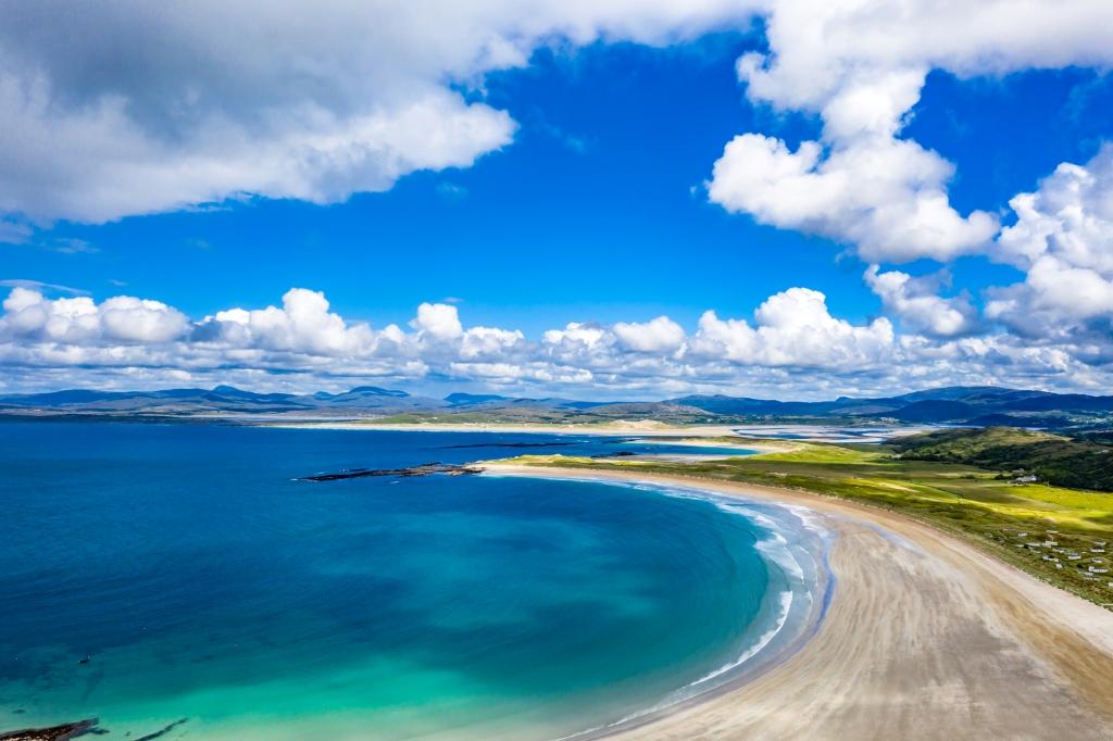 Aerial view of the awarded Narin Beach by Portnoo and Inishkeel Island in County Donegal, Ireland.