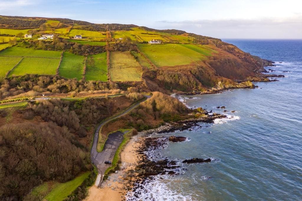 Aerial view of Kinnagoe bay in County Donegal, Ireland.