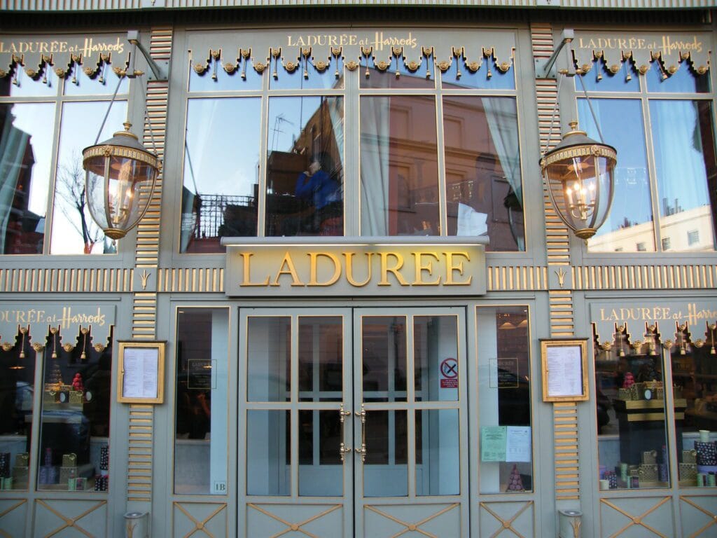 The front of the Laduree shop in Harrods London, the most famous bakery known for macarons