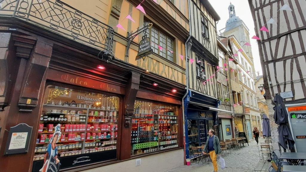 One of the many streets of Rouen with its half-timbered buildings full of boutique shops