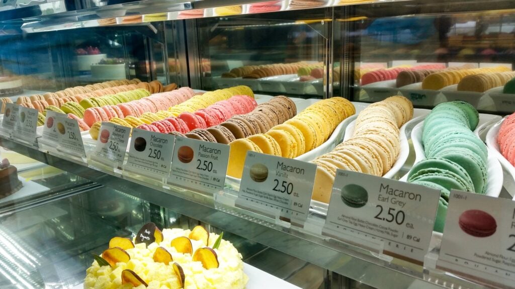 Macarons on sale flavours include a soft yellow coloured Passion Fruit, A green Earl Grey flavour, Chocolate, Strawberry and so on