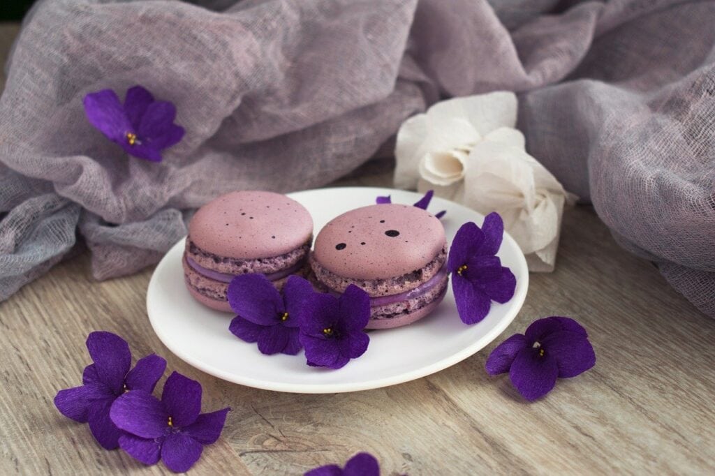 The history of Macarons - a white plate on which sits 2 lavender coloured macarons the flavour is violet and there are several flowers scatted around the plate and the table