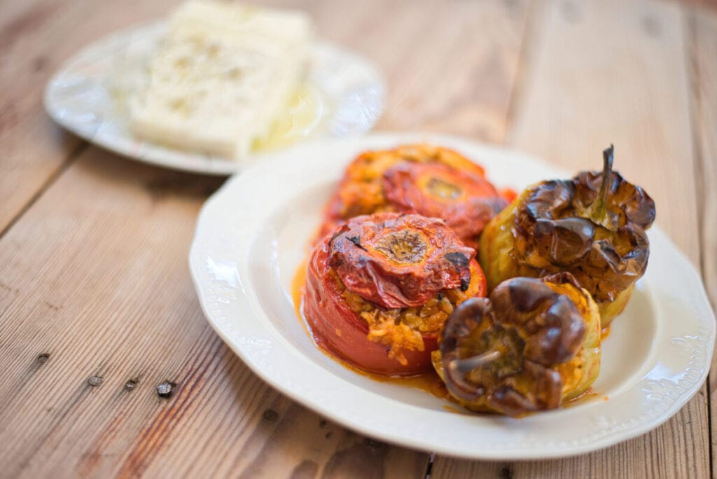 Gemista or Yemista , a traditional Greek food. Vegetables (tomatoes, ball peppers) filled with rice (sometimes also ground meat).