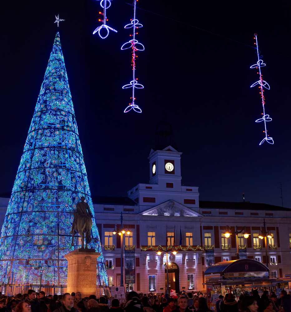decorated with lights in the Puerta del Sol square of Madrid a giant tree