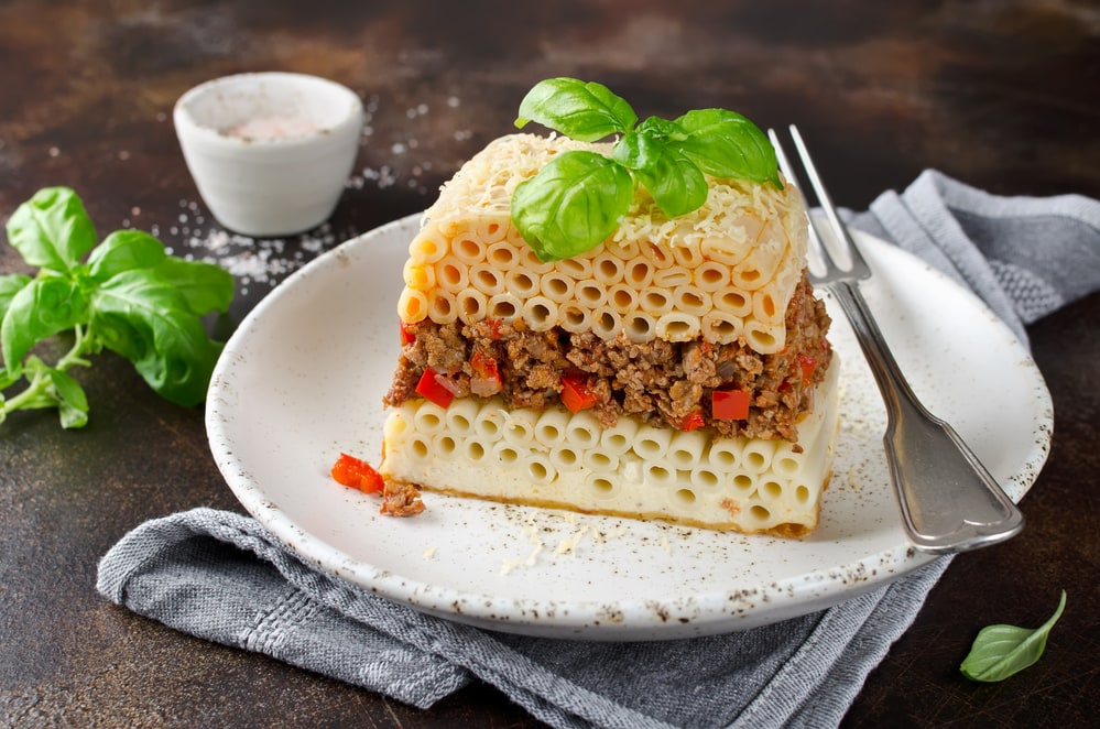 Pastitsio casserole with pasta and minced meat. Greek traditional dish