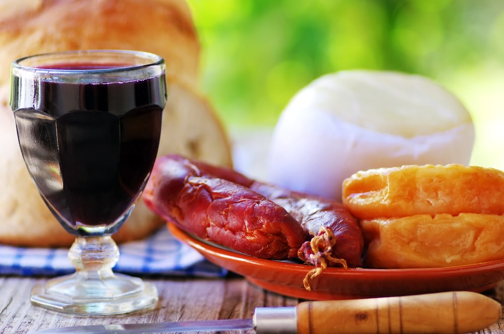 Portuguese bread, wine, cheese and chorizo