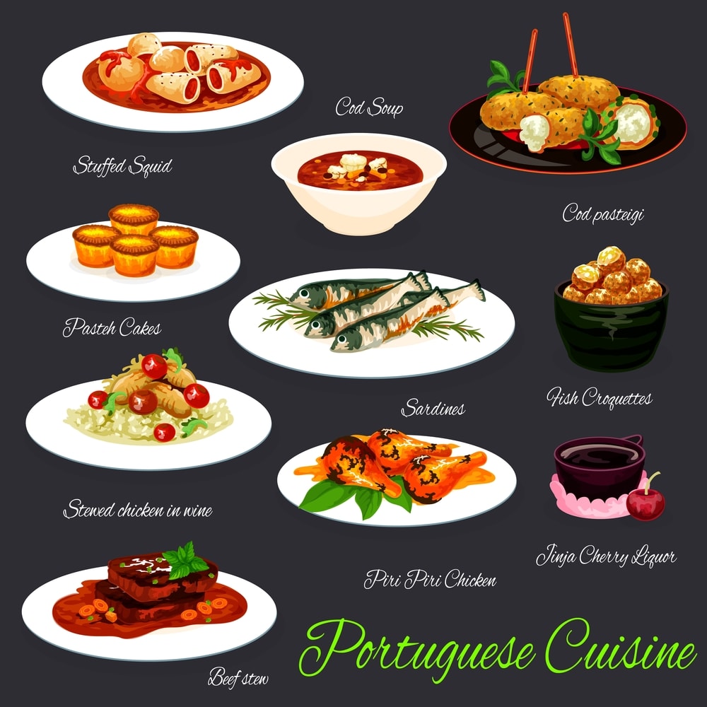Portuguese food poster of grilled sardines, fish soup and croquettes, stuffed squid, beef stew and piri-piri chicken, custard tart, rice with chicken stewed in wine, cherry liquor, cod fritters
