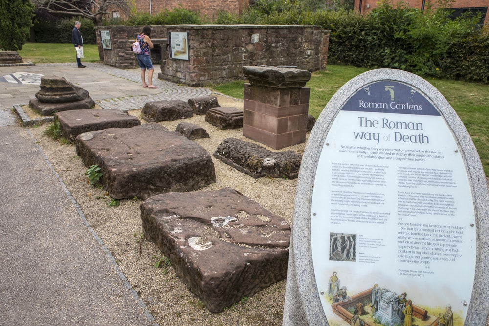 Chester, UK - August 2nd 2018: Roman ruins and remains in the Roman Gardens in the historic city of Chester, UK.