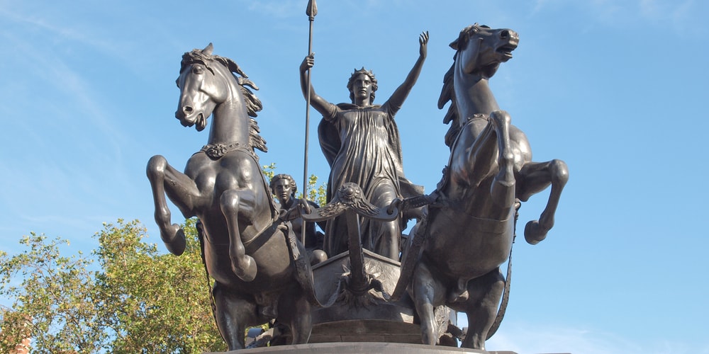 Statue of Boadicea Boudicca Queen of the Iceni who died AD 61 after leading her people against the Roman invader in UK