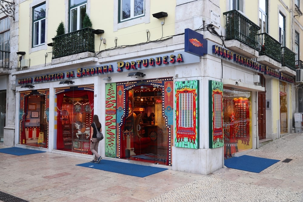 LISBON, PORTUGAL - JUNE 5, 2018: Quirky local shop with canned sardines in Lisbon. Portugal is famous for its canned sardines food selection.