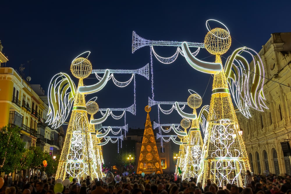 Christmas in Spain - Angel Decorations in City Hall in Seville, Andalusia, Spain