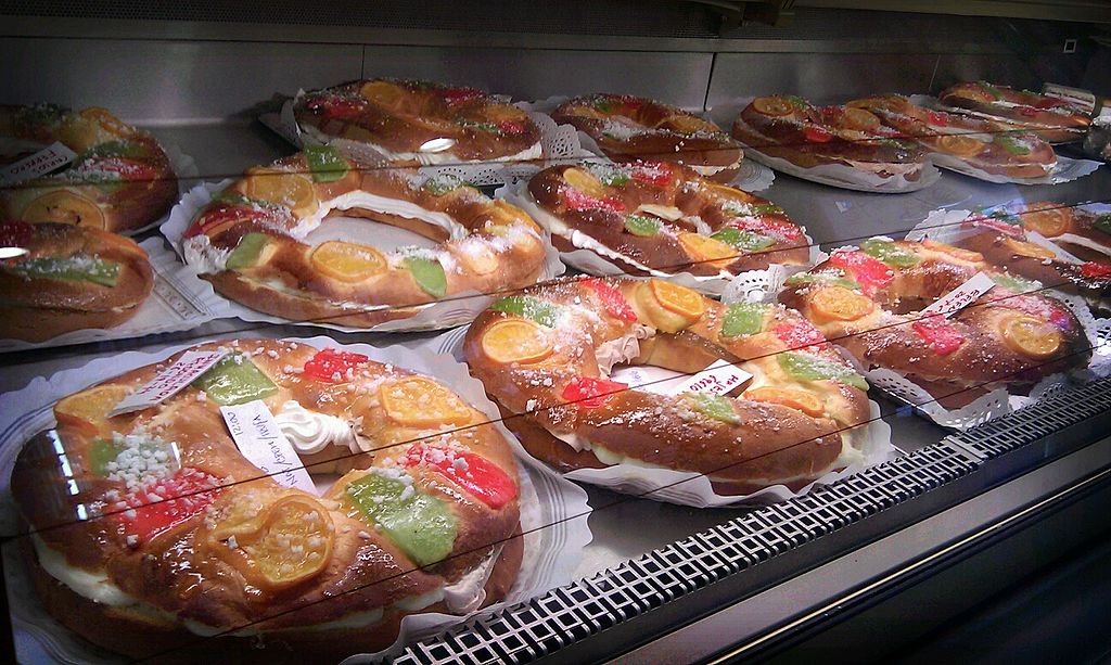 A selection of King Cakes a traditional Spanish cake that looks like a round wheel decorated with candied fruit