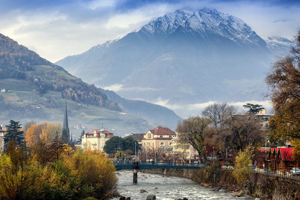 Merano, a beautiful town in the Alpine mountains of South Tyrol. View of the city and the river