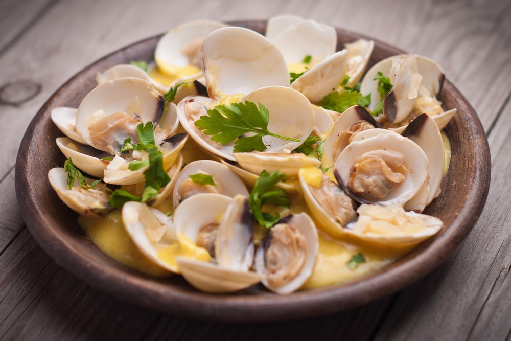 Fresh Cockle clams (Venus, Meretrix) with wine sauce. Portuguese dish.