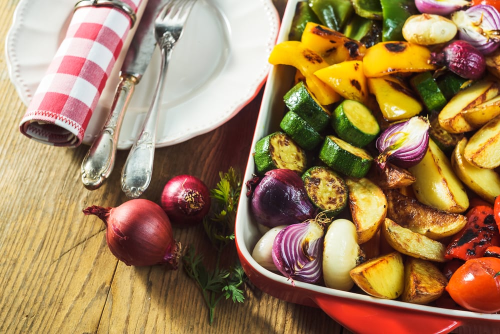 roasted vegetables in a ceramic pot