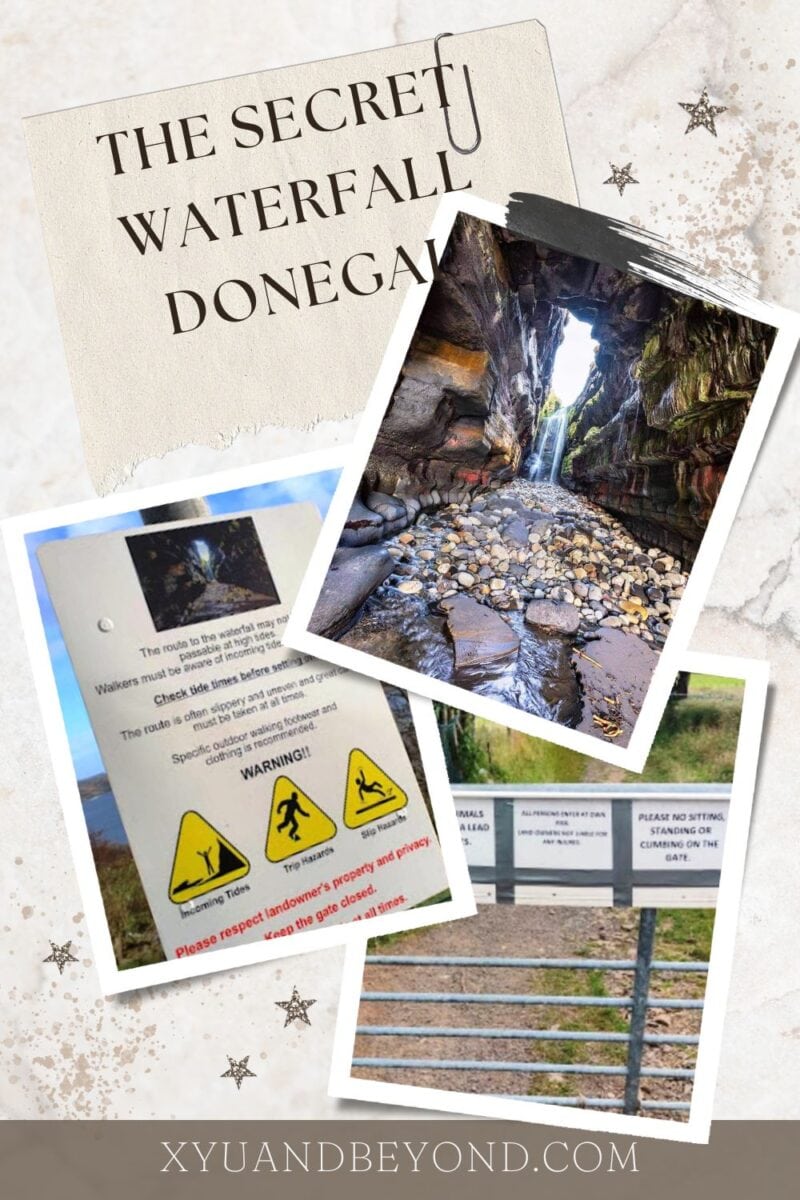 A collage of photos and signage related to the secret waterfall in Donegal, indicating warnings and visitor instructions, showcased on a travel blog or website.