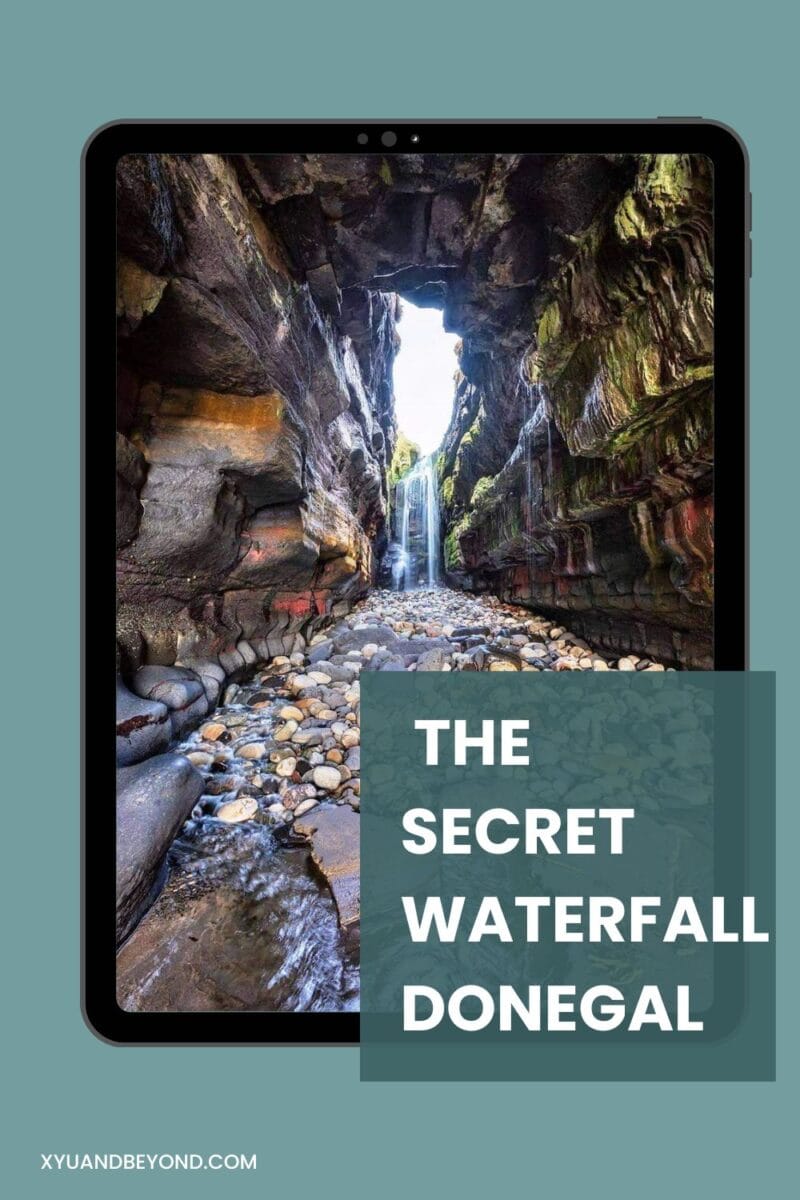 Digital representation of a tablet displaying an image of a secret waterfall in Donegal, with text overlay highlighting the location's secrecy.